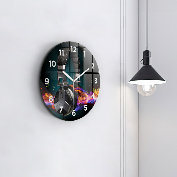 Wanduhr glas rund Kopfhörer und Schallwellen