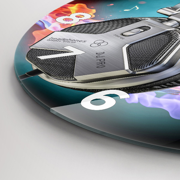 Wanduhr glas rund Kopfhörer und Schallwellen