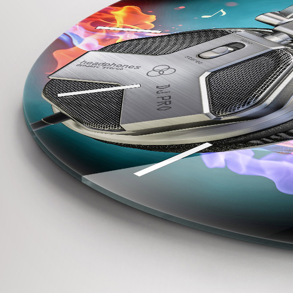 Wanduhr glas rund Kopfhörer und Schallwellen