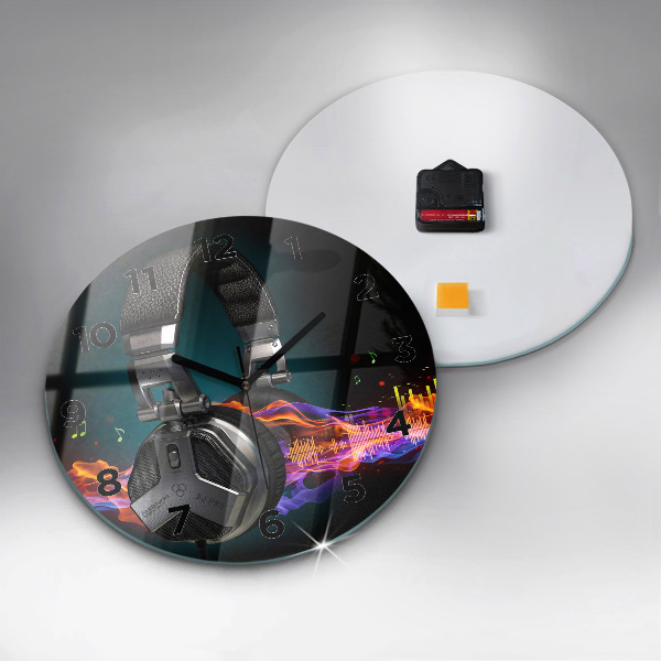 Wanduhr glas rund Kopfhörer und Schallwellen