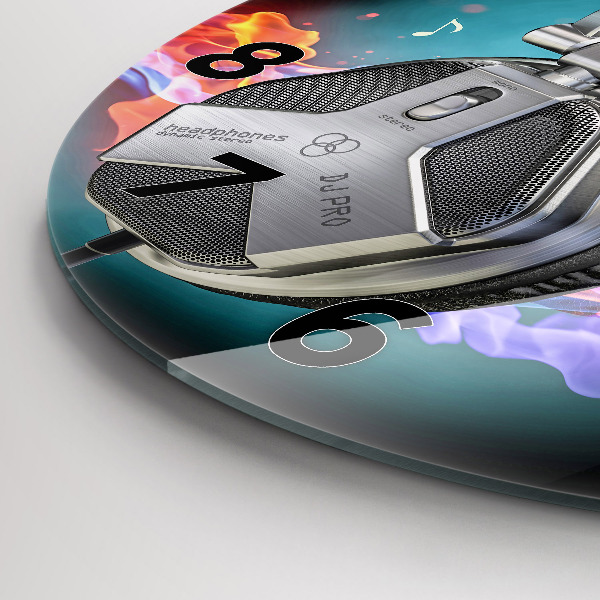 Wanduhr glas rund Kopfhörer und Schallwellen