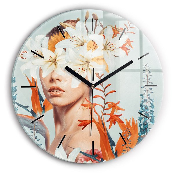 Wanduhr glas rund Frau mit Blumen