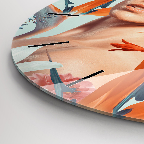 Wanduhr glas rund Frau mit Blumen