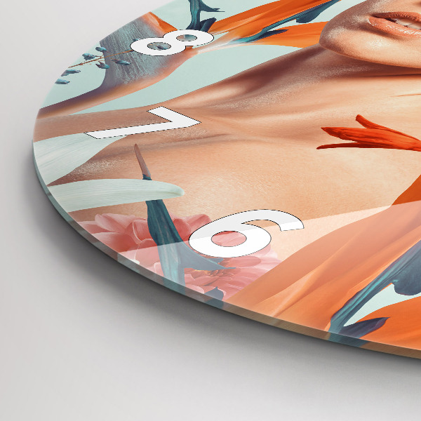 Wanduhr glas rund Frau mit Blumen