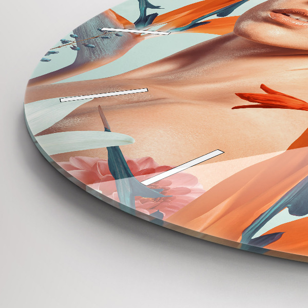 Wanduhr glas rund Frau mit Blumen
