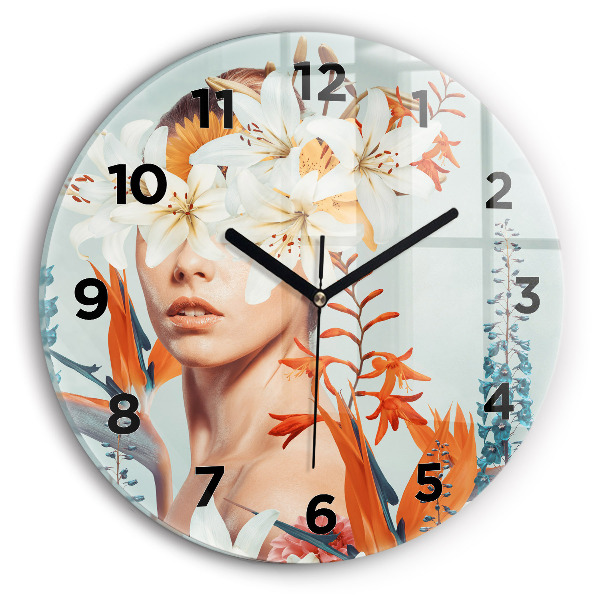Wanduhr glas rund Frau mit Blumen