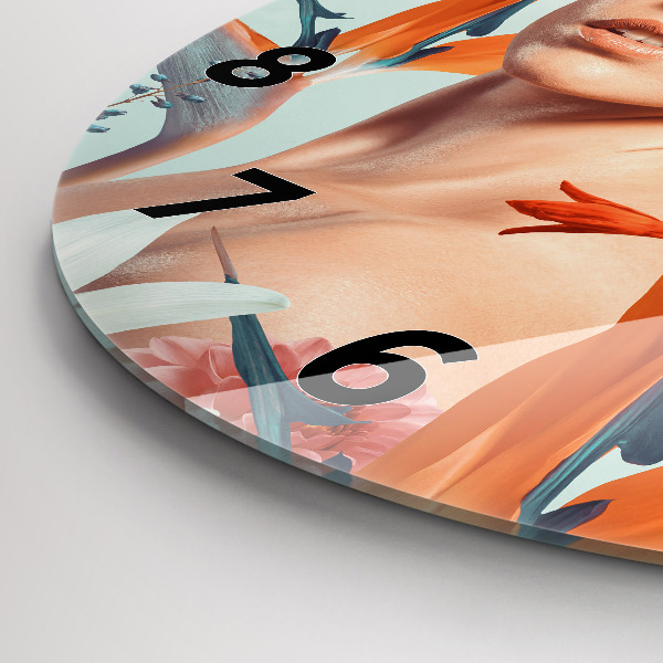Wanduhr glas rund Frau mit Blumen