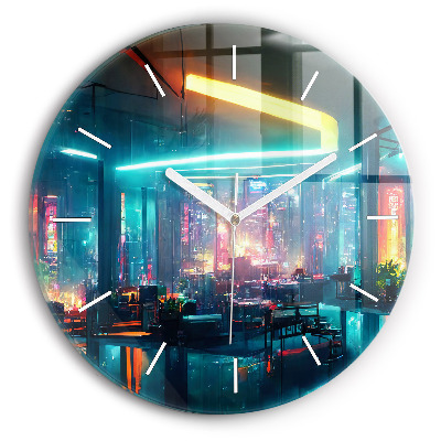 Wanduhr glas rund Stadt im Cyberpunk-Stil
