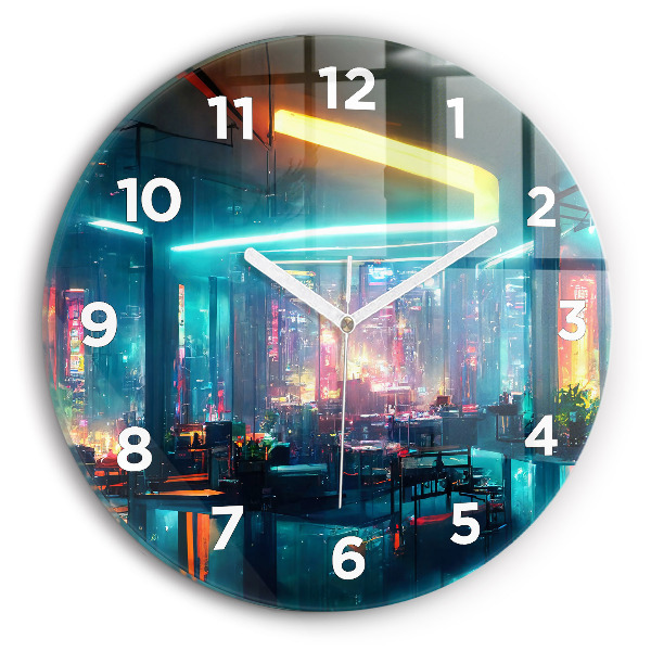 Wanduhr glas rund Stadt im Cyberpunk-Stil