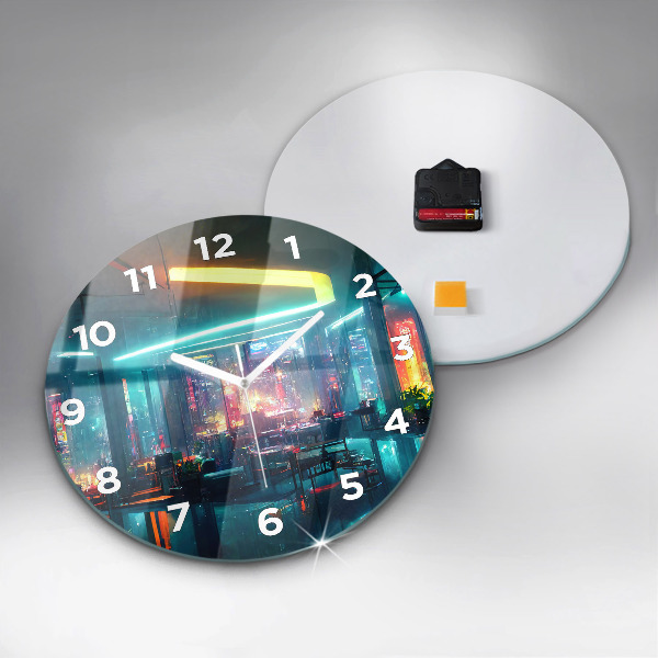Wanduhr glas rund Stadt im Cyberpunk-Stil