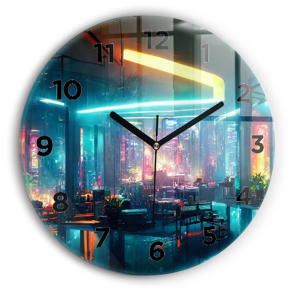 Wanduhr glas rund Stadt im Cyberpunk-Stil