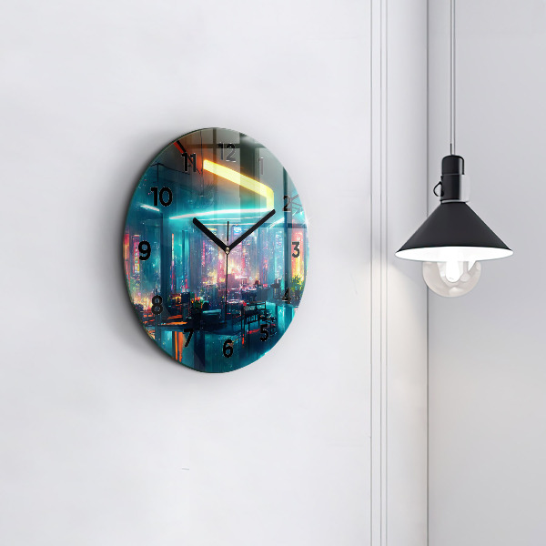 Wanduhr glas rund Stadt im Cyberpunk-Stil