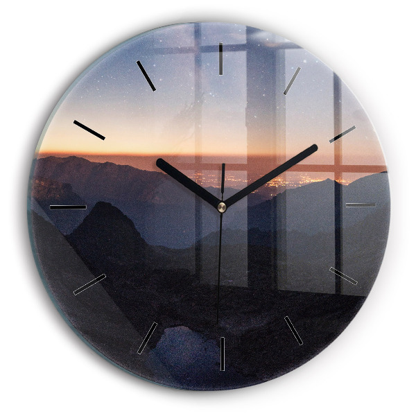 Wanduhr rund mit motiv Berge bei Sonnenuntergang