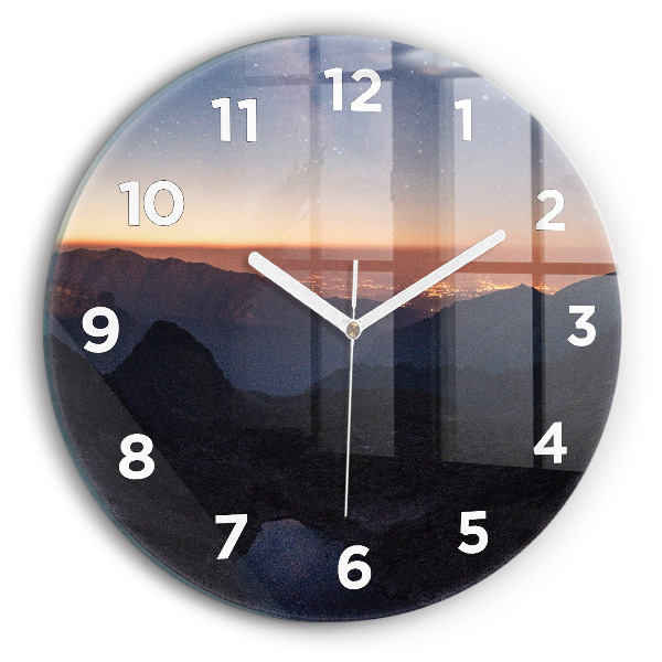 Wanduhr rund mit motiv Berge bei Sonnenuntergang