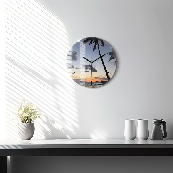 Wanduhr rund mit motiv Palme und Sonnenaufgang