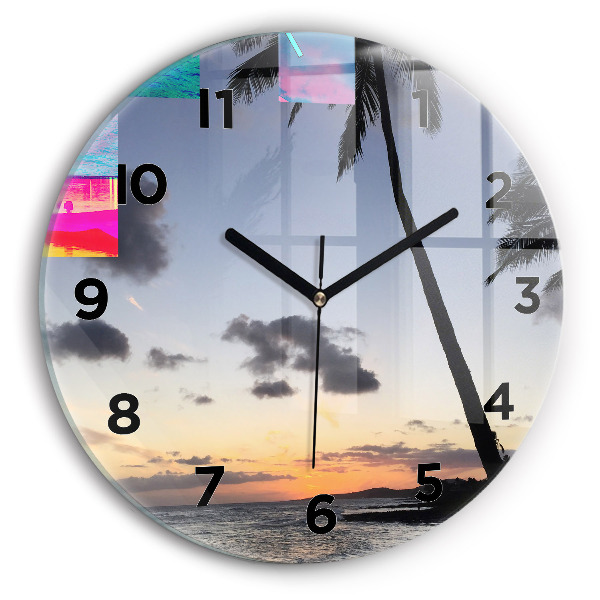 Wanduhr rund mit motiv Palme und Sonnenaufgang