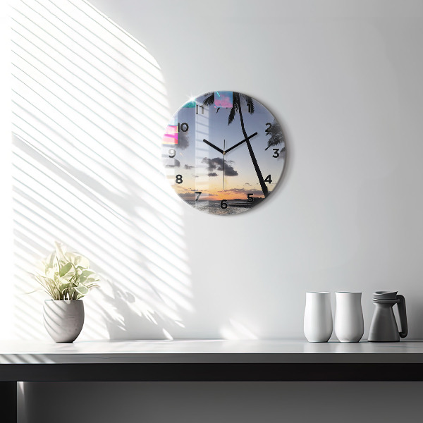 Wanduhr rund mit motiv Palme und Sonnenaufgang