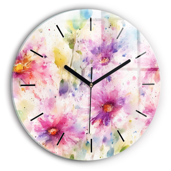 Wanduhr glas rund Gemalte Blumen