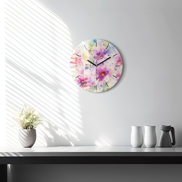 Wanduhr glas rund Gemalte Blumen
