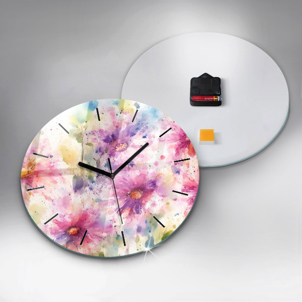 Wanduhr glas rund Gemalte Blumen