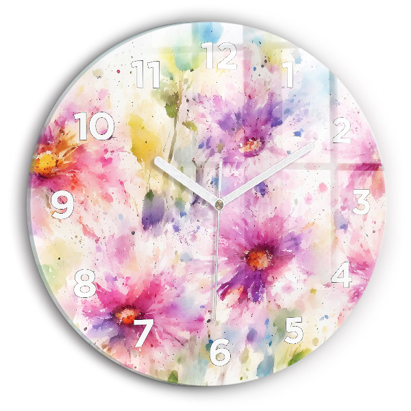 Wanduhr glas rund Gemalte Blumen
