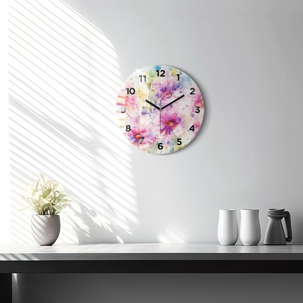 Wanduhr glas rund Gemalte Blumen