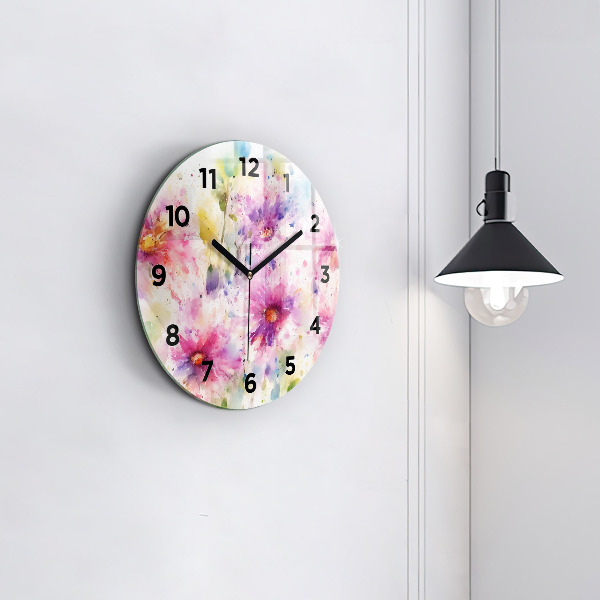 Wanduhr glas rund Gemalte Blumen