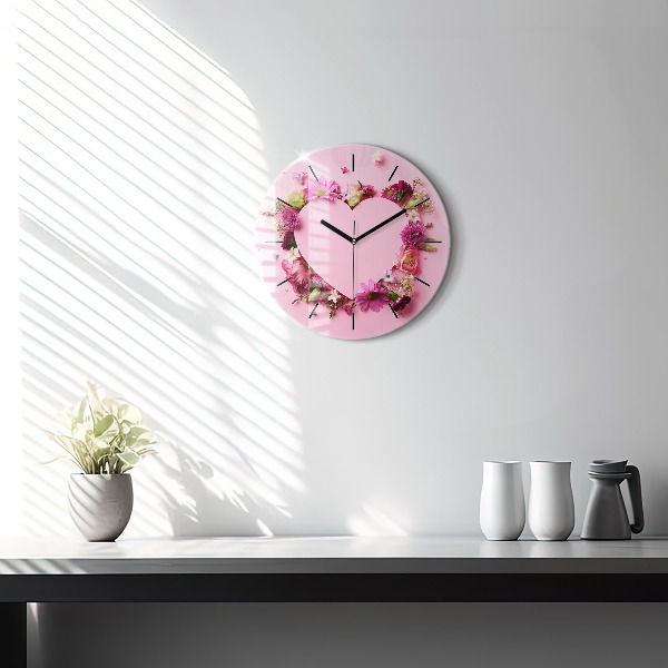Wanduhr glas rund Herz aus Blumen