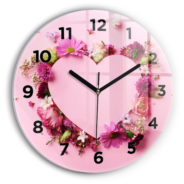 Wanduhr glas rund Herz aus Blumen