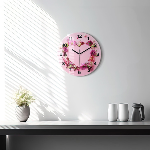 Wanduhr glas rund Herz aus Blumen