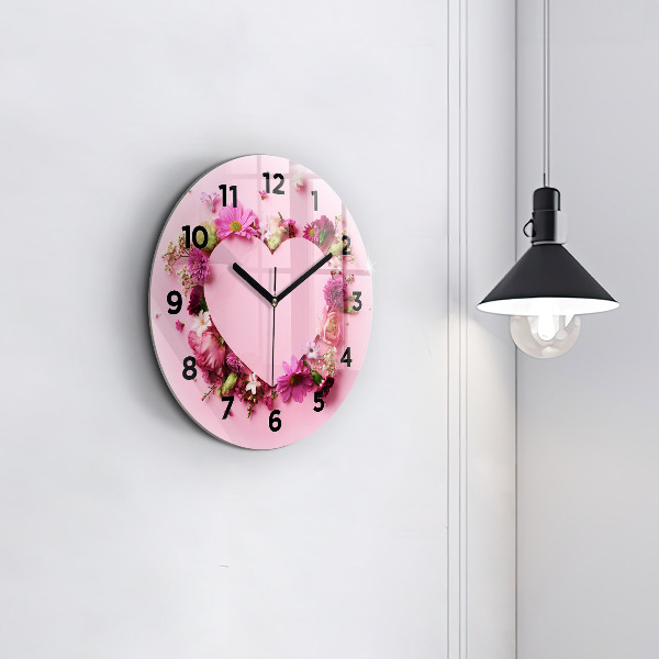 Wanduhr glas rund Herz aus Blumen