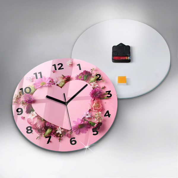 Wanduhr glas rund Herz aus Blumen