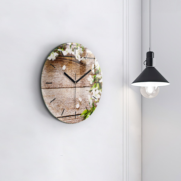 Wanduhr glas rund Blumen auf Holz