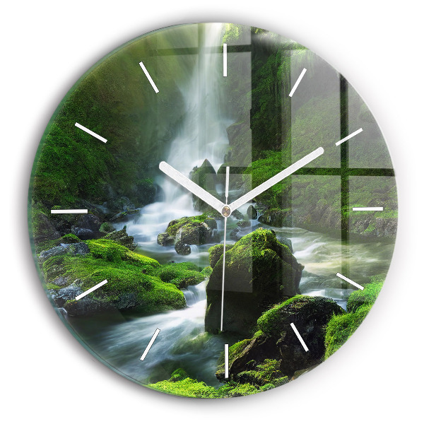 Wanduhr glas rund Wasserfall und Felsen