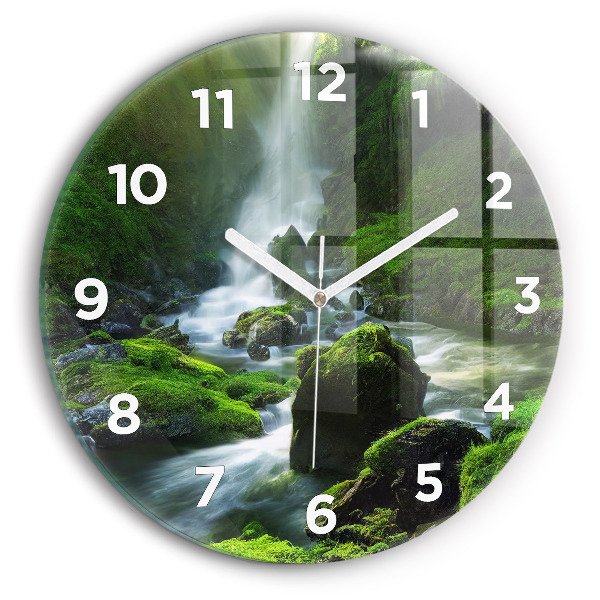 Wanduhr glas rund Wasserfall und Felsen