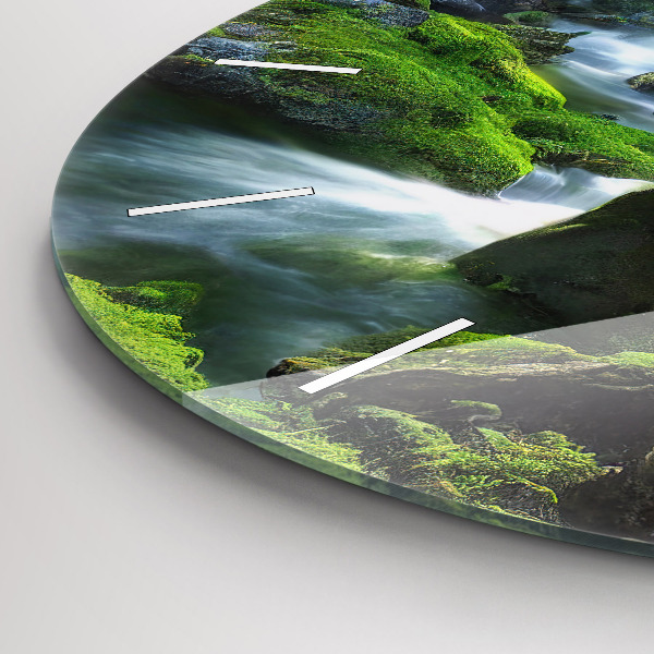 Wanduhr glas rund Wasserfall und Felsen