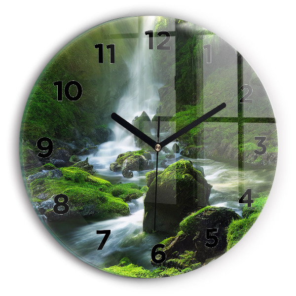Wanduhr glas rund Wasserfall und Felsen