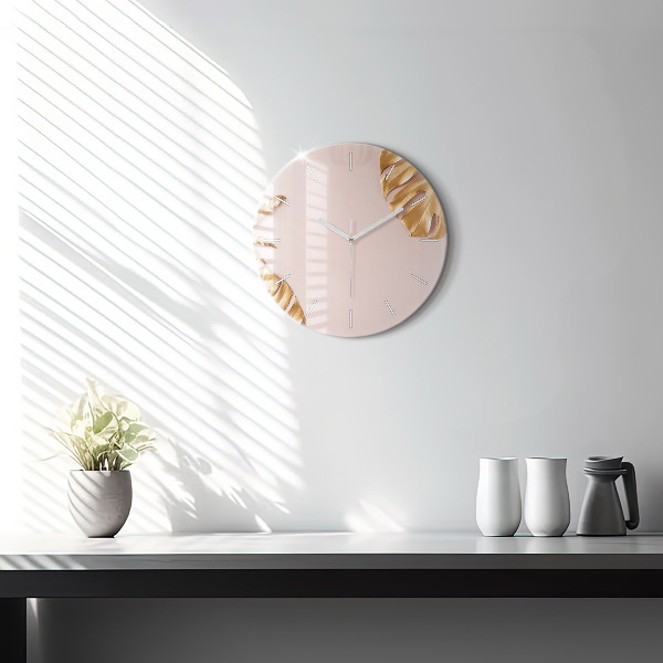 Wanduhr glas rund Goldene tropische Blätter