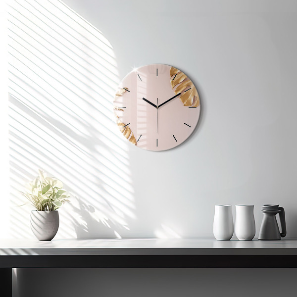 Wanduhr glas rund Goldene tropische Blätter