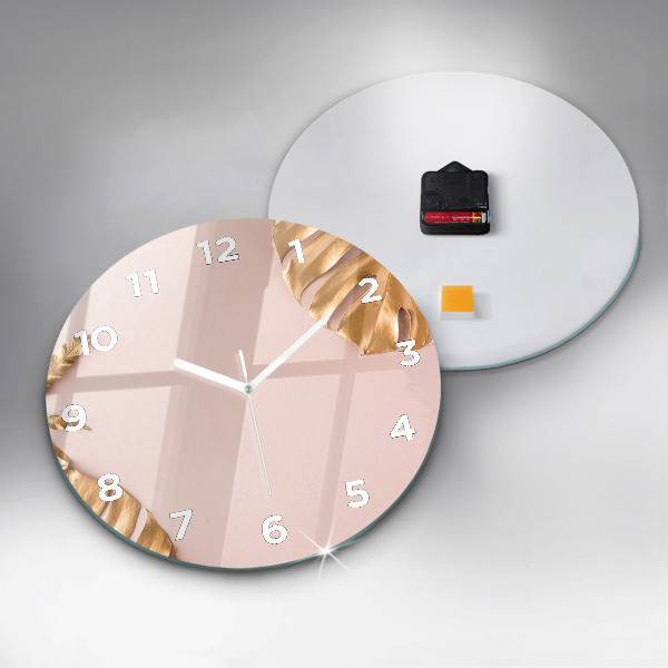 Wanduhr glas rund Goldene tropische Blätter