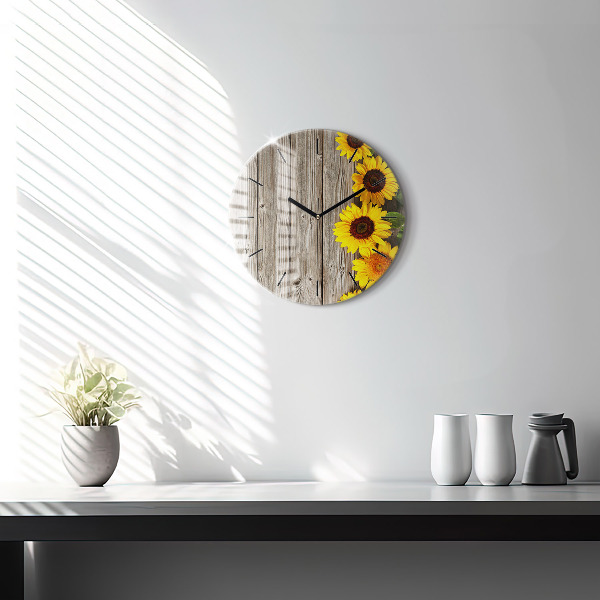 Wanduhr glas rund Sonnenblumen auf den Brettern