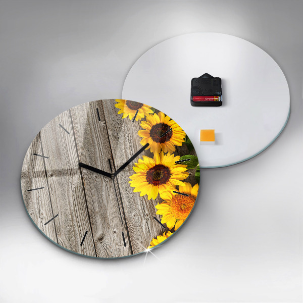 Wanduhr glas rund Sonnenblumen auf den Brettern