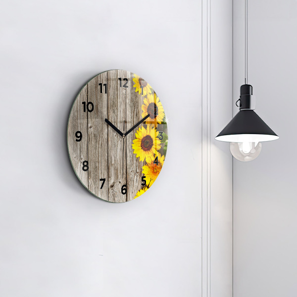Wanduhr glas rund Sonnenblumen auf den Brettern