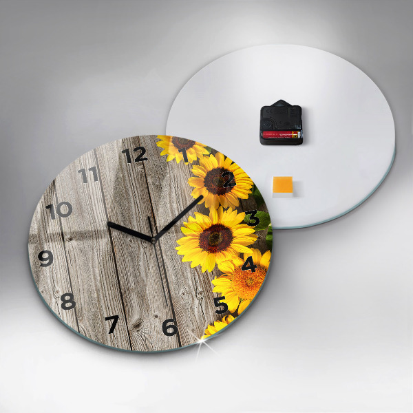 Wanduhr glas rund Sonnenblumen auf den Brettern