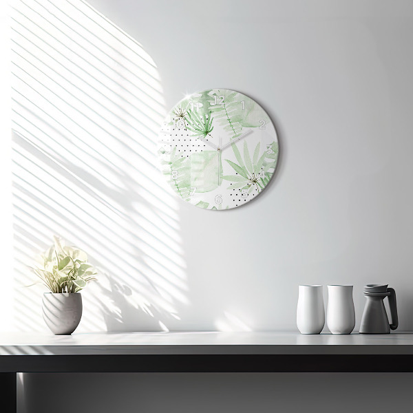 Wanduhr rund Grüne Blätter
