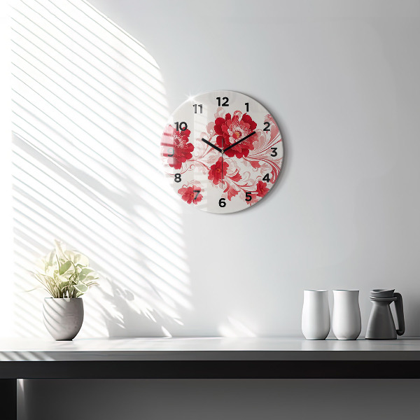 Wanduhr glas rund Rote Blumen