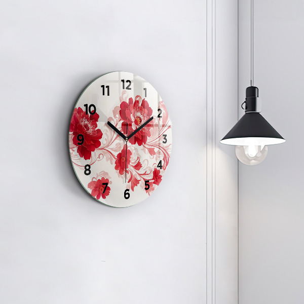Wanduhr glas rund Rote Blumen