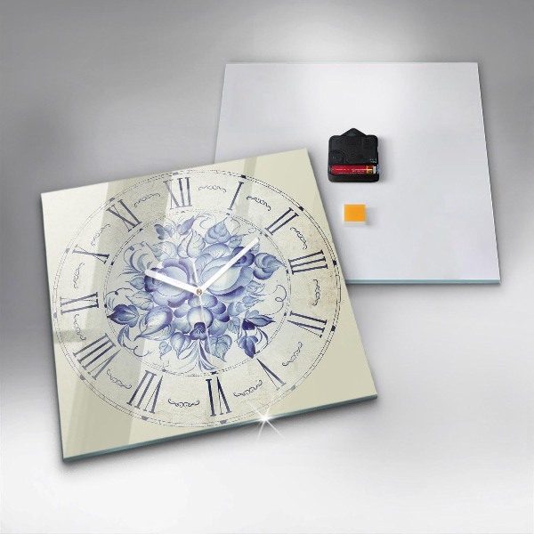Wanduhr modern quadratisch Blaue Blumen