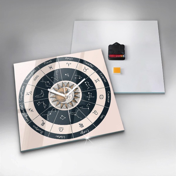 Wanduhr quadratisch mit motiv Sternbilder des Tierkreises auf blauem Hintergrund